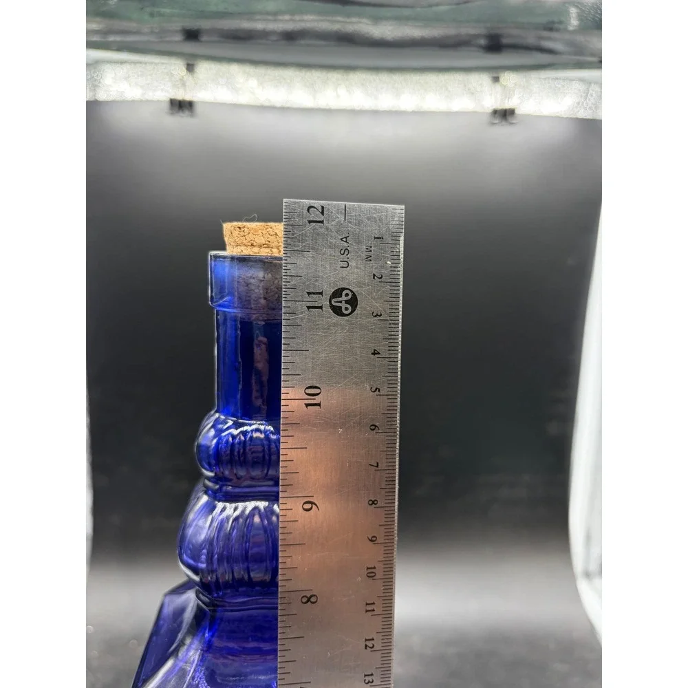 Cobalt Blue Glass Decanter Bottle Embossed Gothic Arch Square Base with Cork